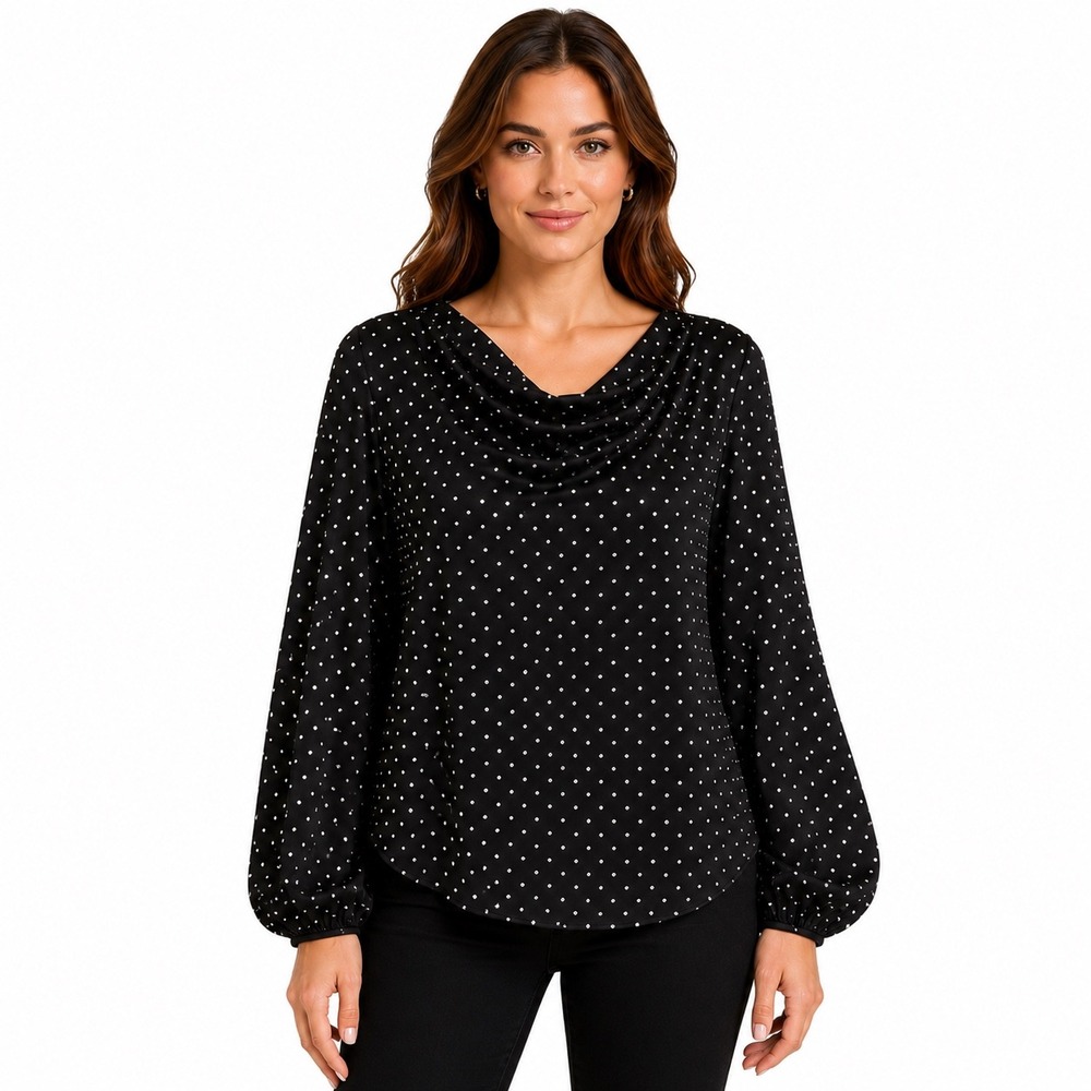 Cinq a Sept Irene Top Womens‎ L Rhinestones Black Cowl Neck Long Sleeve Blouse